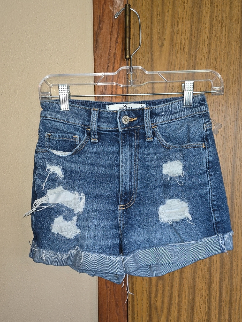 Hollister Rolled Hem Distressed Blue Denim Shorts
